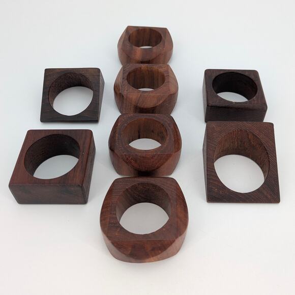 Wood Napkin Rings Set of 8 Faceted Geometric Solid VTG MCM Dinner Table Decor - Picture 6 of 9